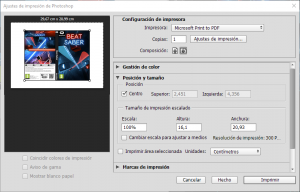 Ventana de impresión de la imagen a PDF desde Photoshop