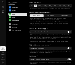 Pantalla principal de configuración de calidad de descargar videos con Cobalt
